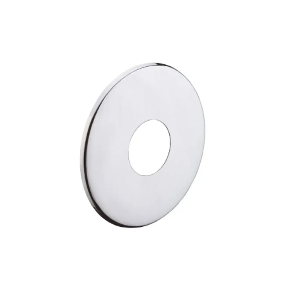 Hahnrosette aus verchromtem Material von Hansgrohe, mit runder Form und mittigem Loch. Geeignet zur Abdeckung von Löchern in Wänden oder Möbelfronten.